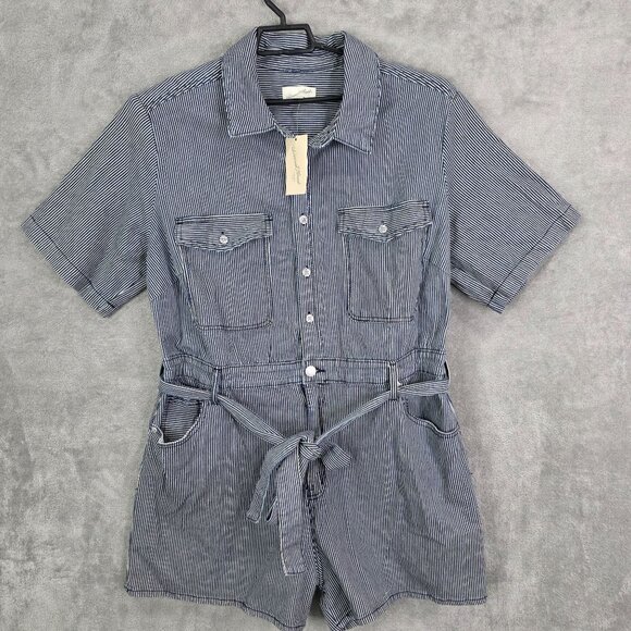 Womens Blue & White Striped Romper Button Up Belted Waist 100% Cotton Size 17 - Picture 2 of 12